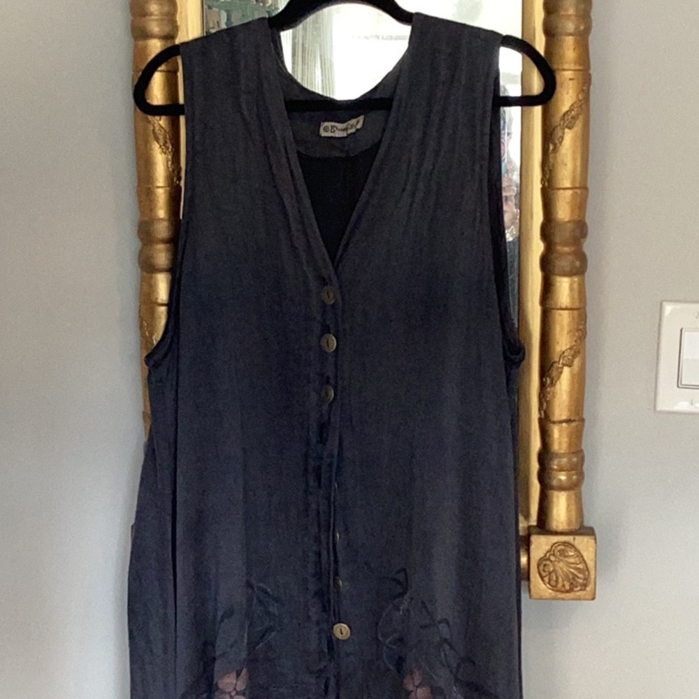 1998 Vintage Blue Fish hemp silk hand dyed light weight vest with metal buttons.